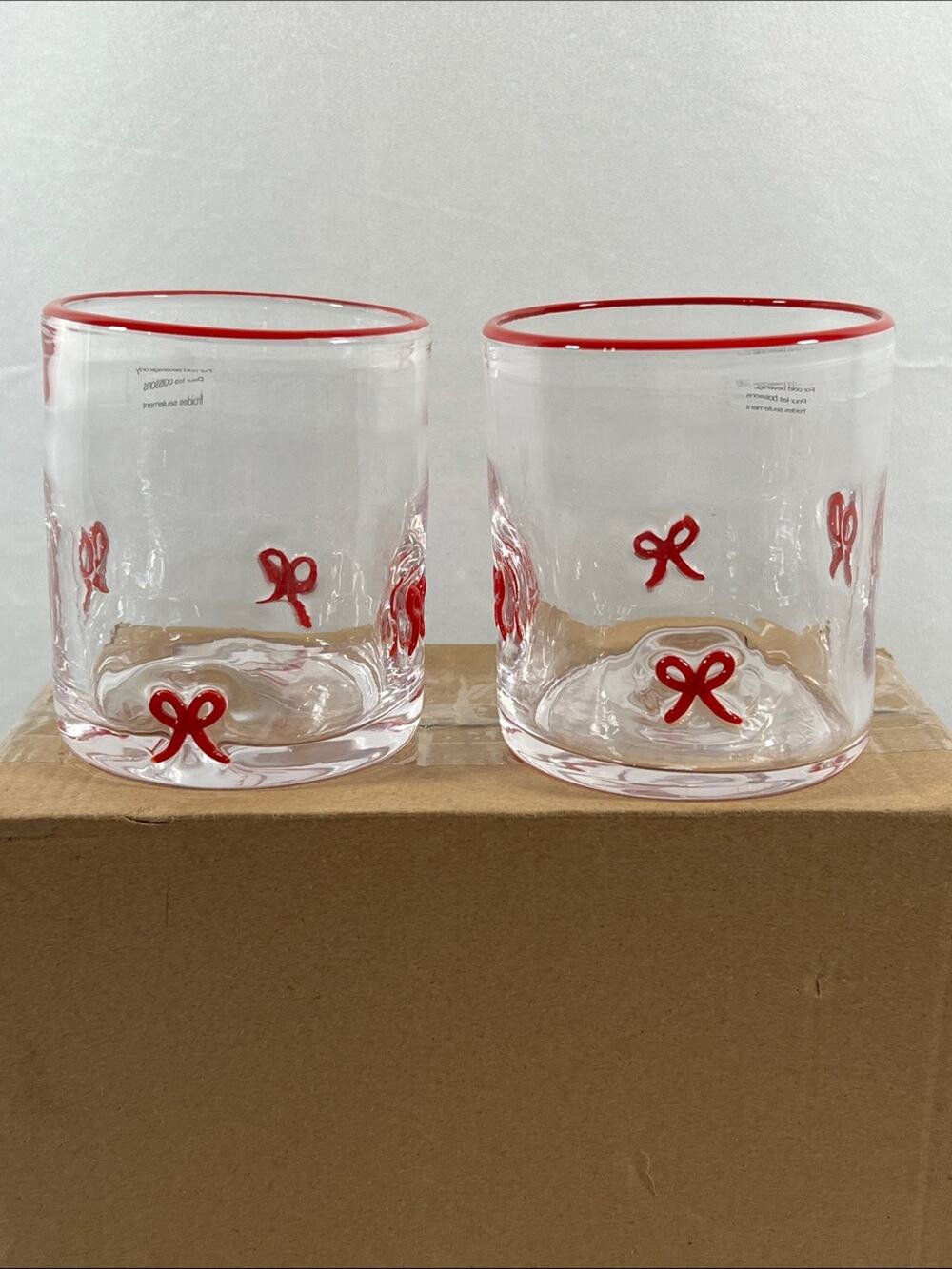 Set of 2 Red Bow Ribbon Juice Glasses Red Rim Icon Christmas Valentines Drinking